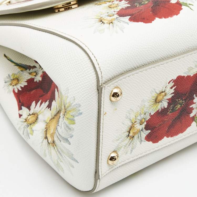 Pre Owned Dolce & Gabbana White Floral Print Leather Medium Miss Sicily Top Handle Bag