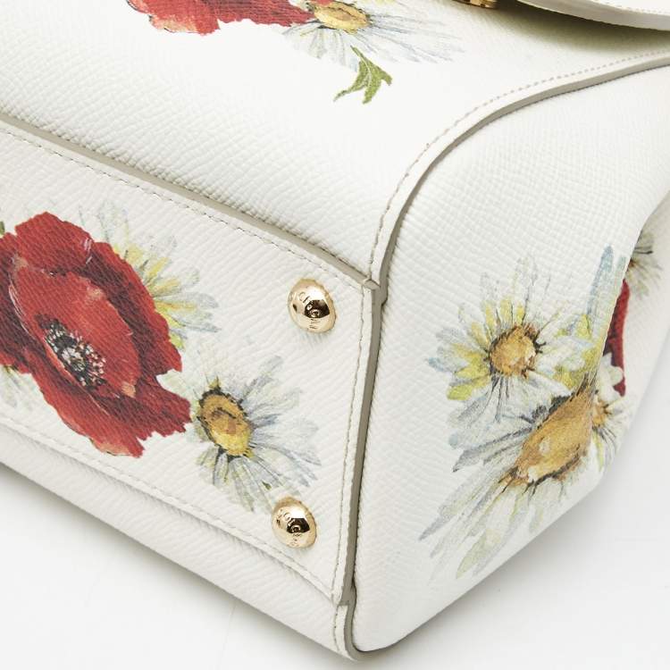 Pre Owned Dolce & Gabbana White Floral Print Leather Medium Miss Sicily Top Handle Bag