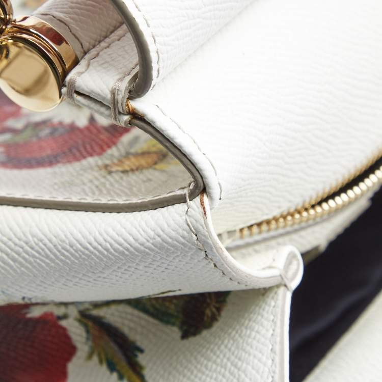 Pre Owned Dolce & Gabbana White Floral Print Leather Medium Miss Sicily Top Handle Bag