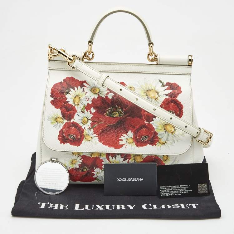 Pre Owned Dolce & Gabbana White Floral Print Leather Medium Miss Sicily Top Handle Bag
