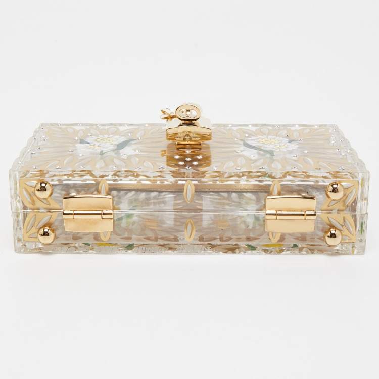 Pre Owned Dolce & Gabbana Gold/Clear Daisy Print Plexiglass Box Clutch