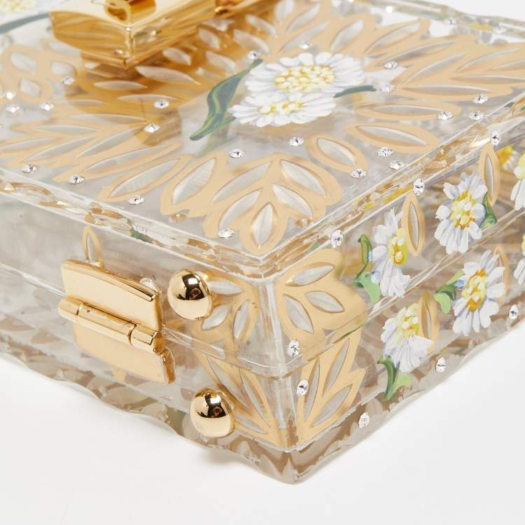 Pre Owned Dolce & Gabbana Gold/Clear Daisy Print Plexiglass Box Clutch