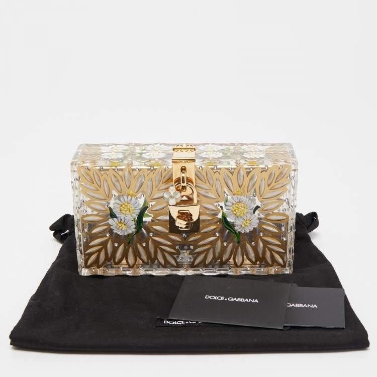 Pre Owned Dolce & Gabbana Gold/Clear Daisy Print Plexiglass Box Clutch