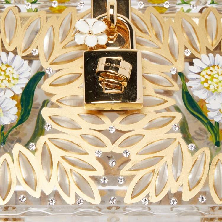 Pre Owned Dolce & Gabbana Gold/Clear Daisy Print Plexiglass Box Clutch