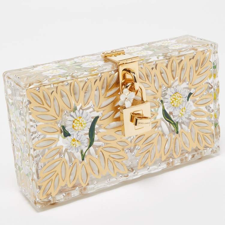 Pre Owned Dolce & Gabbana Gold/Clear Daisy Print Plexiglass Box Clutch