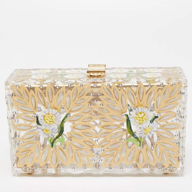 Pre Owned Dolce & Gabbana Gold/Clear Daisy Print Plexiglass Box Clutch
