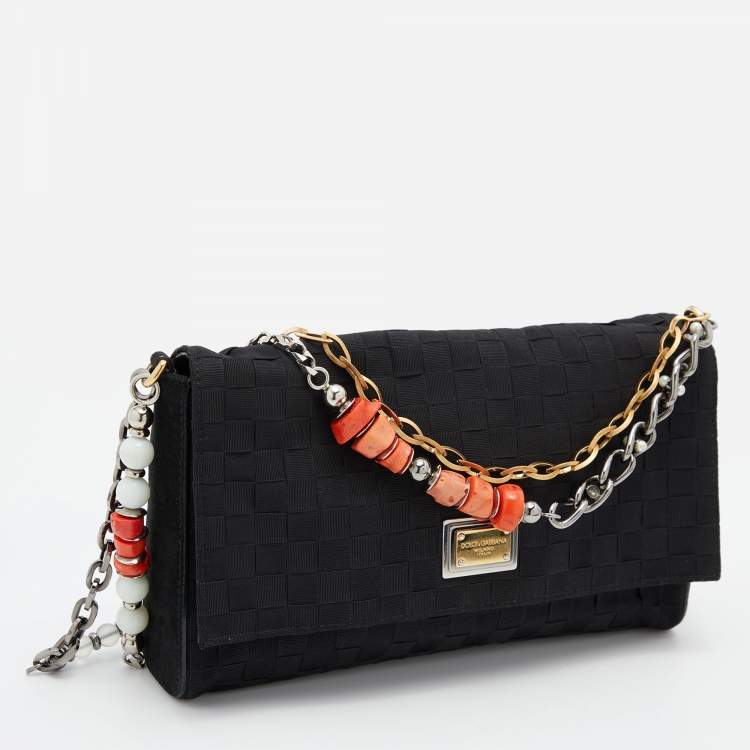 Pre Owned Dolce & Gabbana Black Woven Fabric and Leather Miss Charles Shoulder Bag