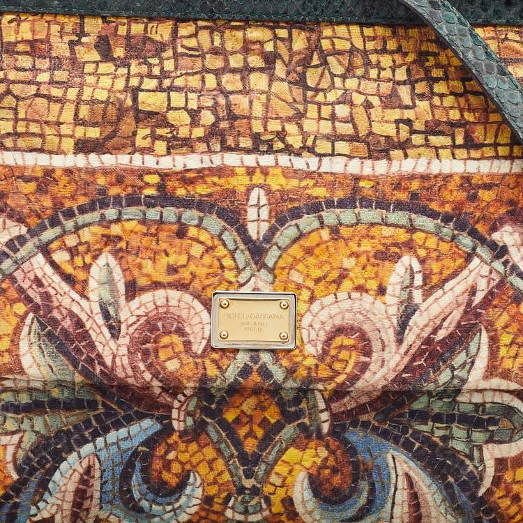 Pre Owned Dolce & Gabbana Multicolor Printed Canvas and Watersnake Leather Large Miss Sicily Top Handle Bag