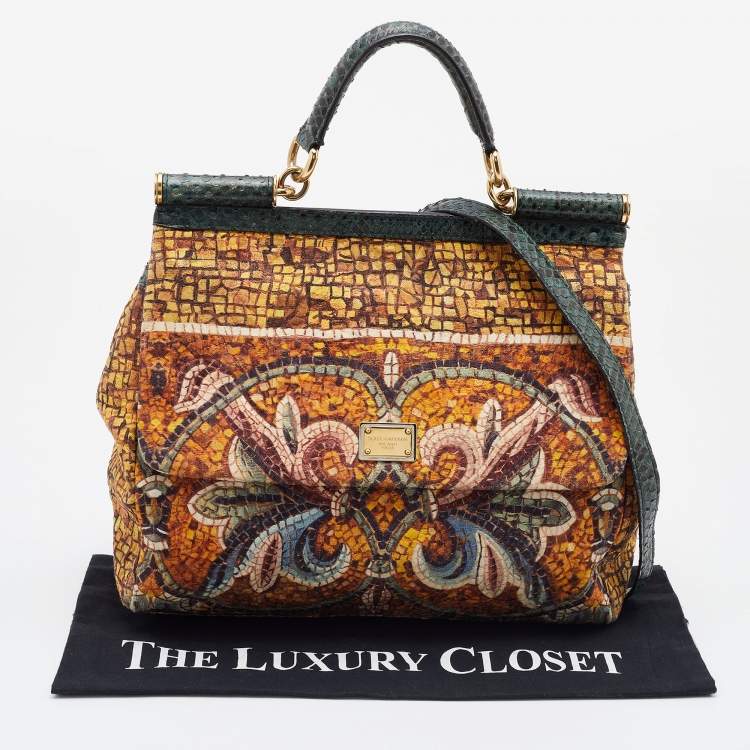 Pre Owned Dolce & Gabbana Multicolor Printed Canvas and Watersnake Leather Large Miss Sicily Top Handle Bag