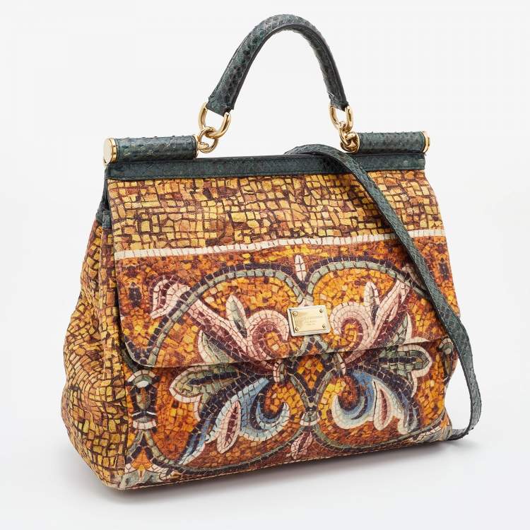 Pre Owned Dolce & Gabbana Multicolor Printed Canvas and Watersnake Leather Large Miss Sicily Top Handle Bag