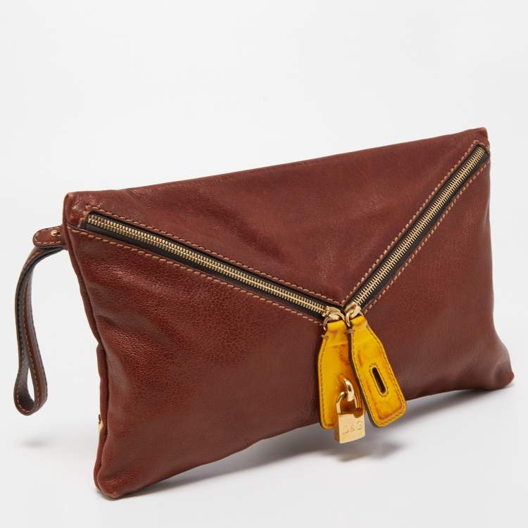 Pre Owned D&G Brown/Yellow Leather Micol Wristler Clutch