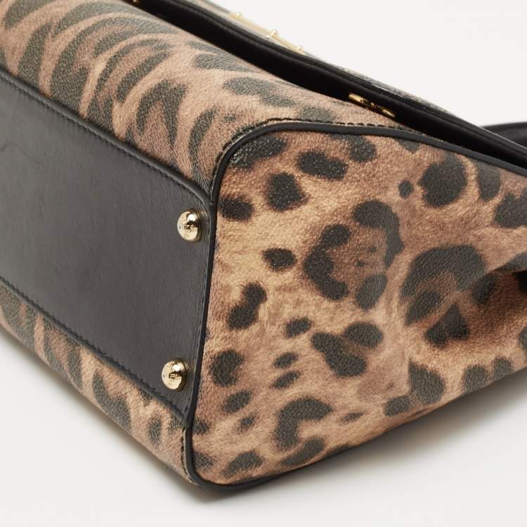 Pre Owned Dolce & Gabbana Black/Brown Leopard Print Coated Canvas and Leather Medium Miss Sicily Top Handle Bag