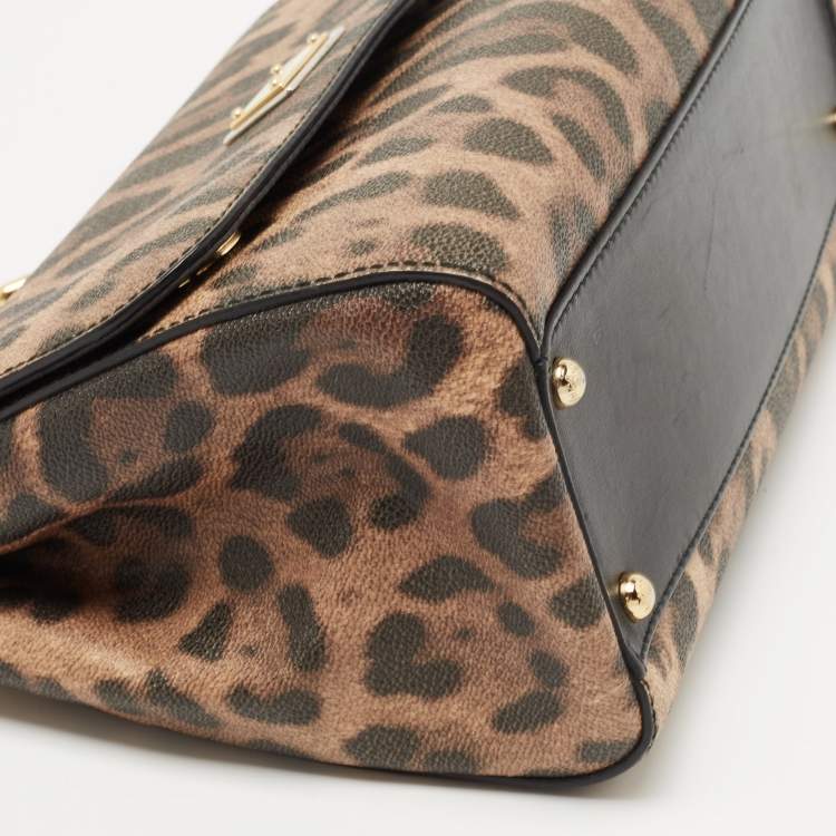 Pre Owned Dolce & Gabbana Black/Brown Leopard Print Coated Canvas and Leather Medium Miss Sicily Top Handle Bag