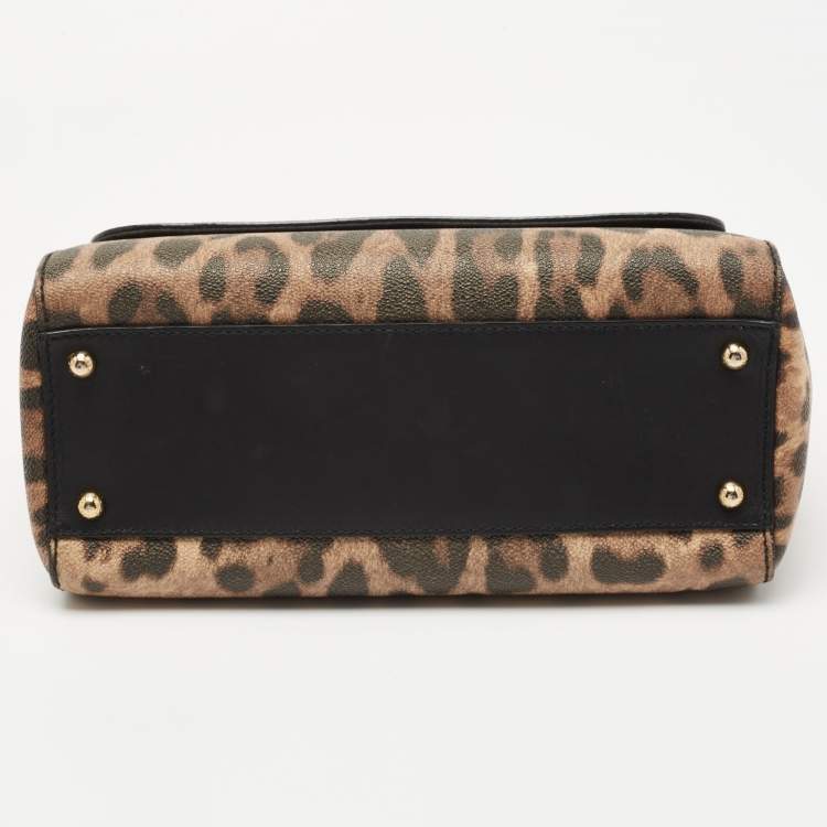 Pre Owned Dolce & Gabbana Black/Brown Leopard Print Coated Canvas and Leather Medium Miss Sicily Top Handle Bag