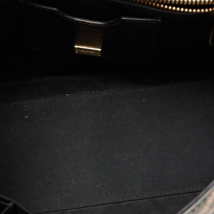 Pre Owned Dolce & Gabbana Black/Brown Leopard Print Coated Canvas and Leather Medium Miss Sicily Top Handle Bag