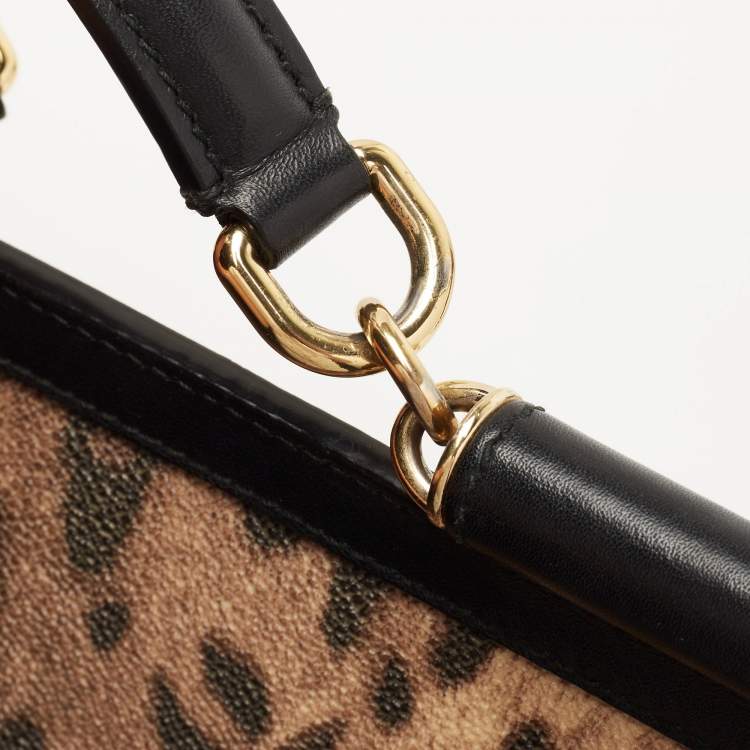 Pre Owned Dolce & Gabbana Black/Brown Leopard Print Coated Canvas and Leather Medium Miss Sicily Top Handle Bag