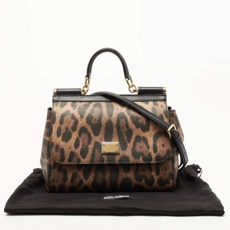 Pre Owned Dolce & Gabbana Black/Brown Leopard Print Coated Canvas and Leather Medium Miss Sicily Top Handle Bag