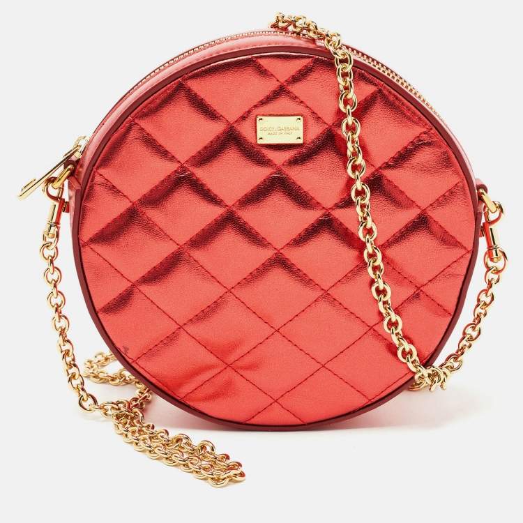 Pre Owned Dolce & Gabbana Metallic Red Quilted Leather Miss Glam Round Shoulder Bag