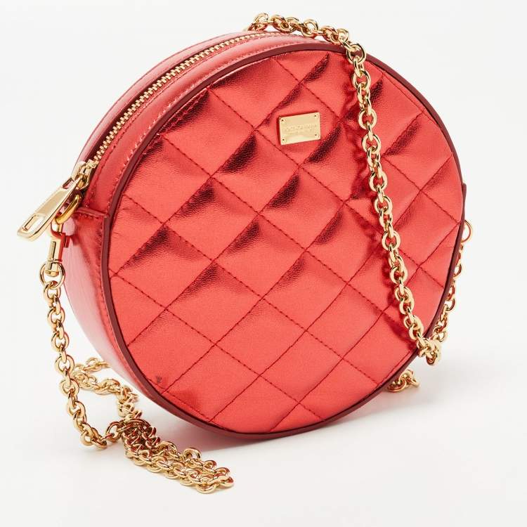 Pre Owned Dolce & Gabbana Metallic Red Quilted Leather Miss Glam Round Shoulder Bag