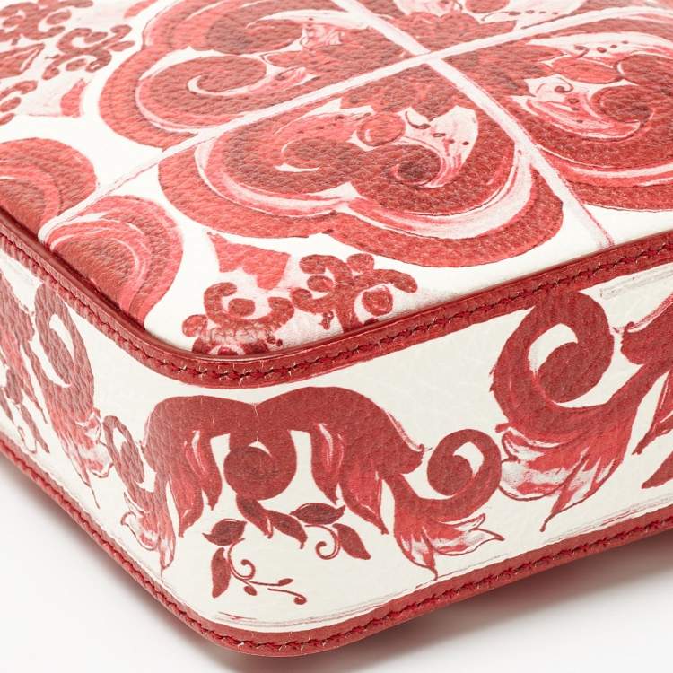 Pre Owned Dolce & Gabbana Red Majolica Print Leather Zip Camera Crossbody Bag