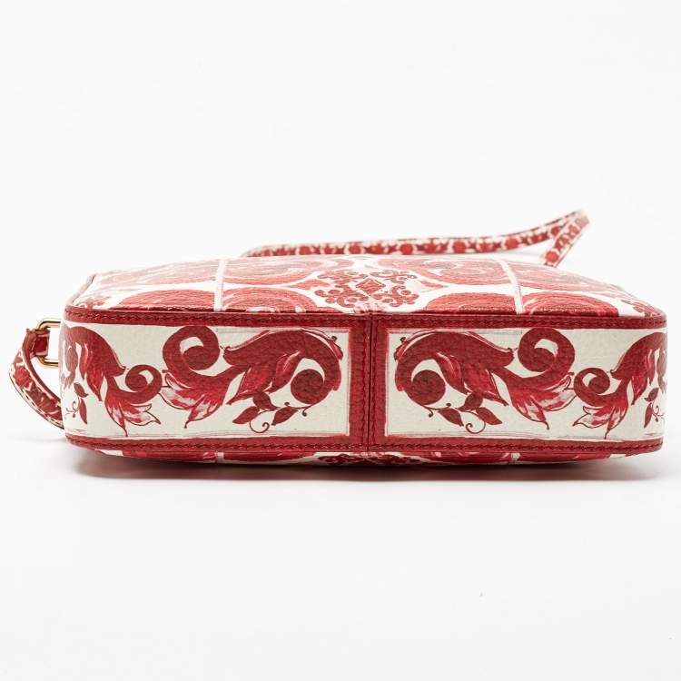 Pre Owned Dolce & Gabbana Red Majolica Print Leather Zip Camera Crossbody Bag