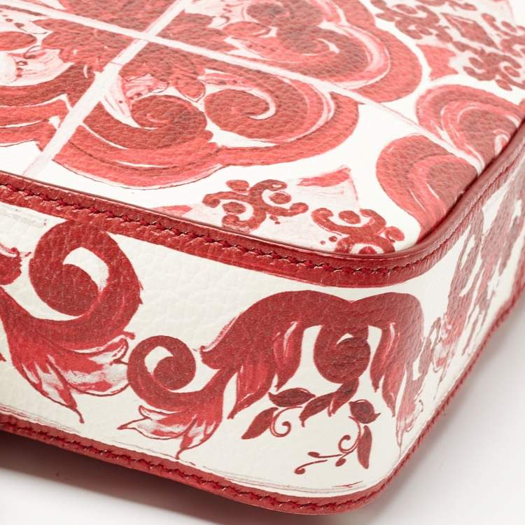 Pre Owned Dolce & Gabbana Red Majolica Print Leather Zip Camera Crossbody Bag