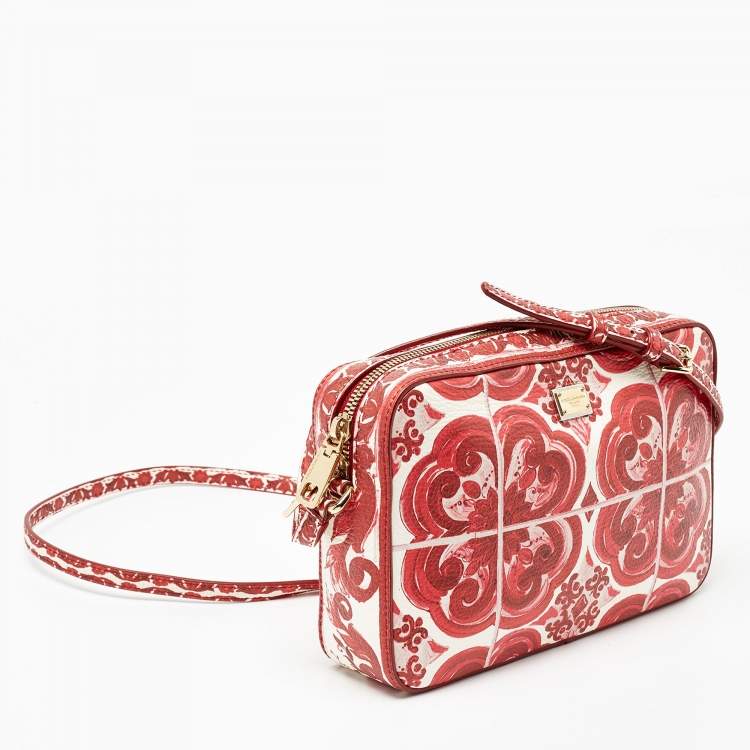 Pre Owned Dolce & Gabbana Red Majolica Print Leather Zip Camera Crossbody Bag