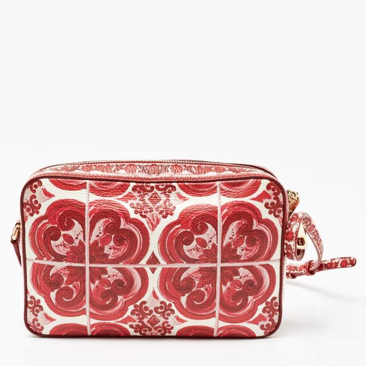 Pre Owned Dolce & Gabbana Red Majolica Print Leather Zip Camera Crossbody Bag