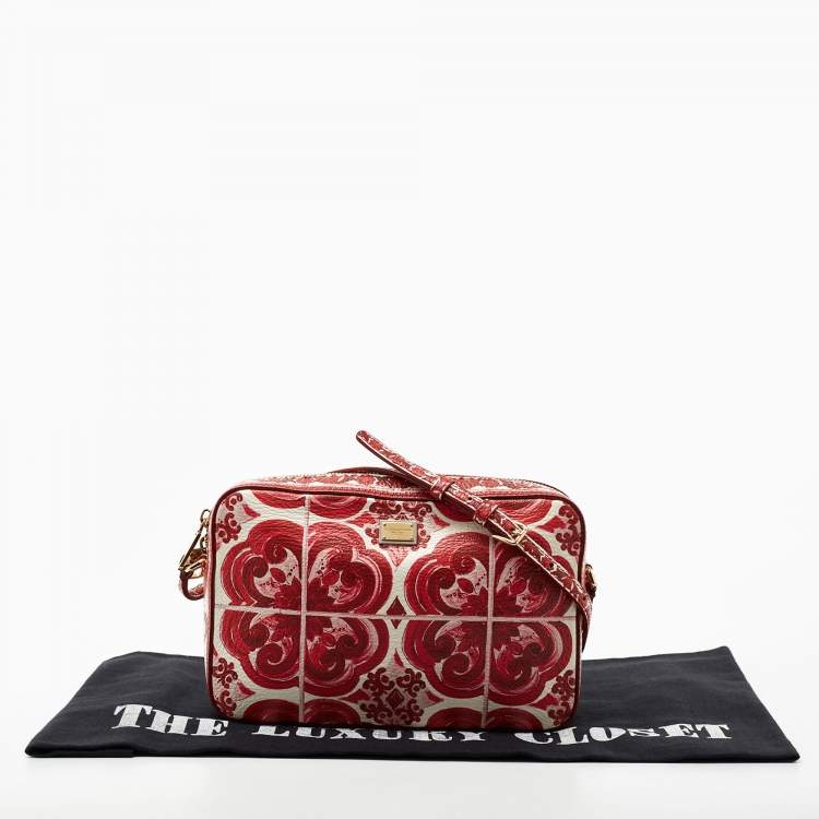 Pre Owned Dolce & Gabbana Red Majolica Print Leather Zip Camera Crossbody Bag