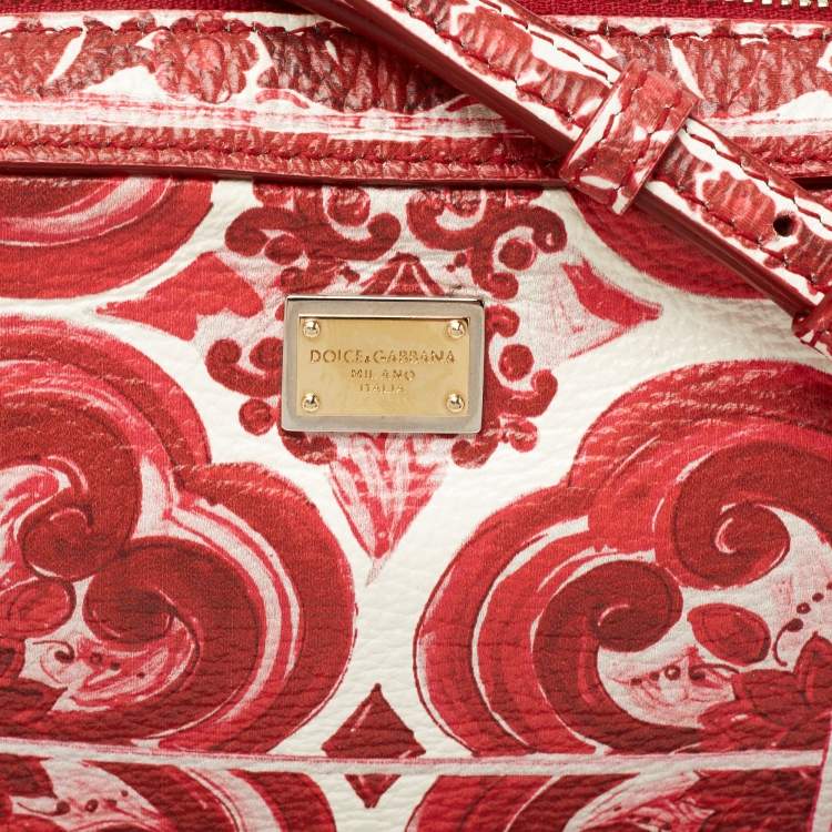 Pre Owned Dolce & Gabbana Red Majolica Print Leather Zip Camera Crossbody Bag