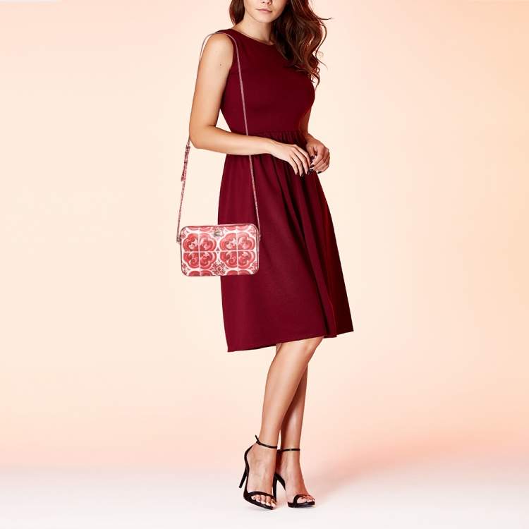 Pre Owned Dolce & Gabbana Red Majolica Print Leather Zip Camera Crossbody Bag