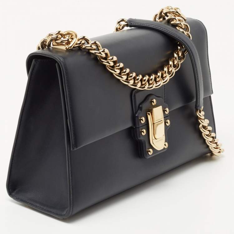 Pre Owned Dolce & Gabbana Navy Blue Leather Large Lucia Shoulder Bag