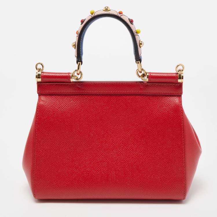 Pre Owned Dolce & Gabbana Red Leather Small Miss Sicily Studded Top Handle Bag