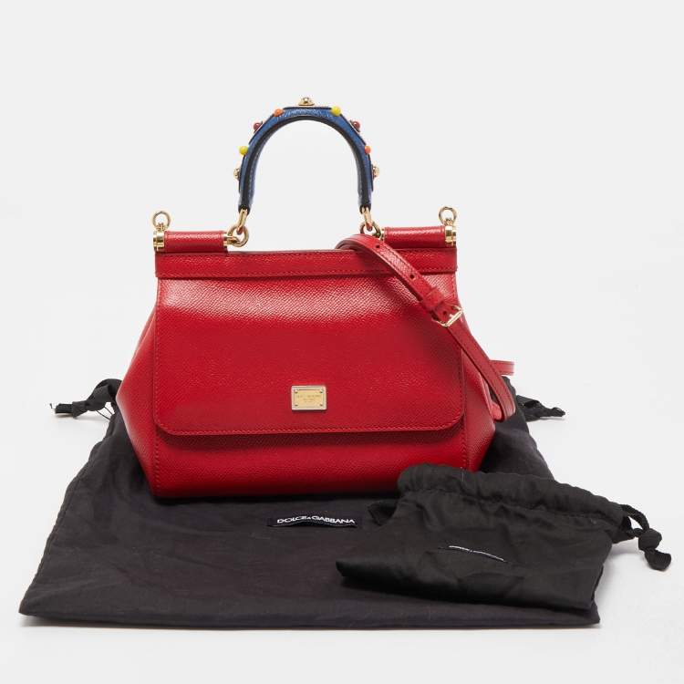 Pre Owned Dolce & Gabbana Red Leather Small Miss Sicily Studded Top Handle Bag