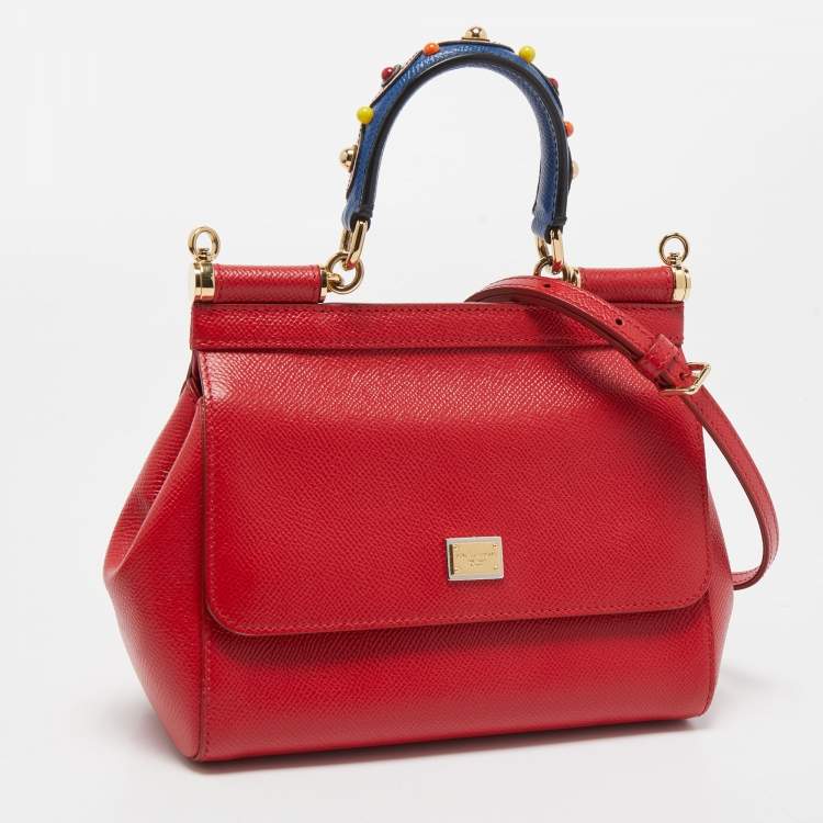 Pre Owned Dolce & Gabbana Red Leather Small Miss Sicily Studded Top Handle Bag