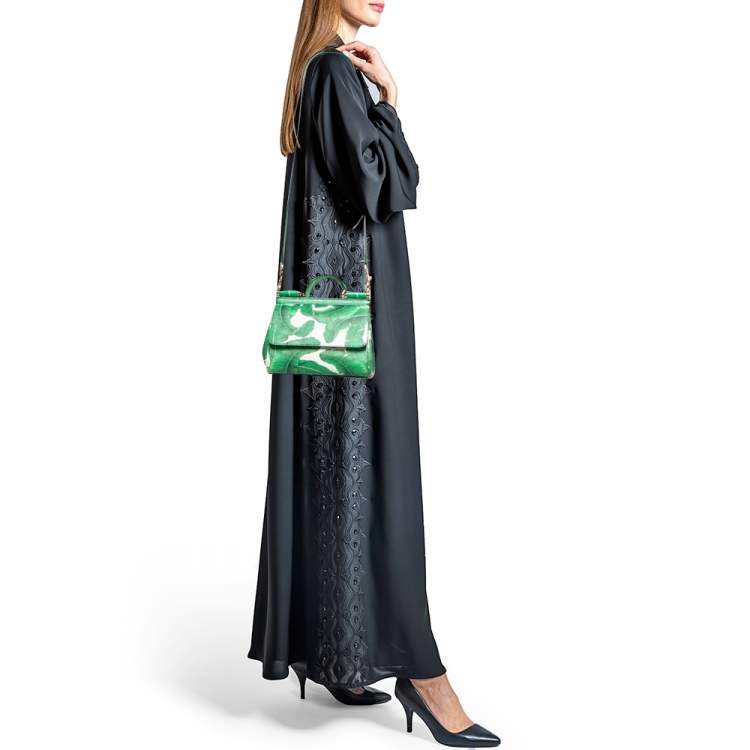 Pre Owned Dolce & Gabbana Green Banana Leaf Print Leather Small Miss Sicily Top Handle Bag