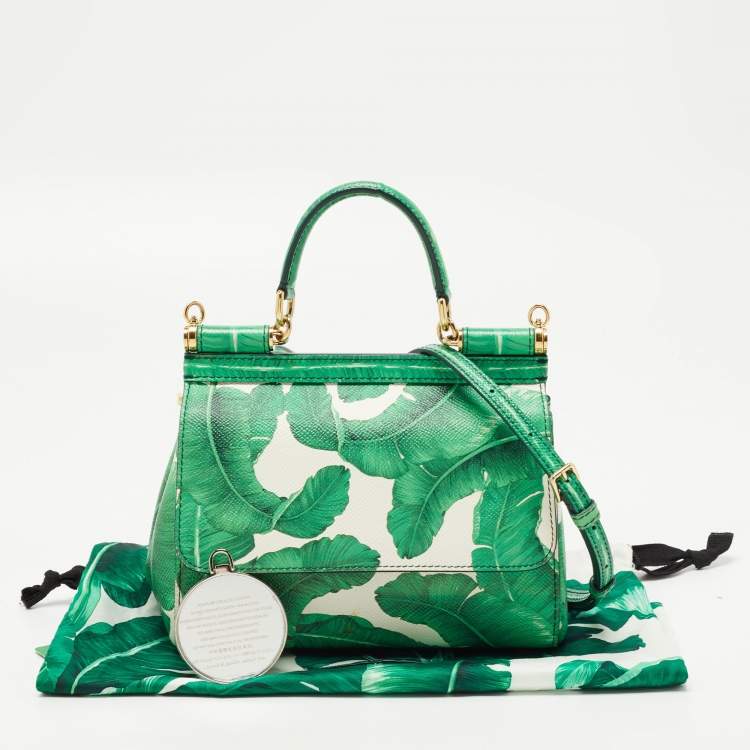 Pre Owned Dolce & Gabbana Green Banana Leaf Print Leather Small Miss Sicily Top Handle Bag