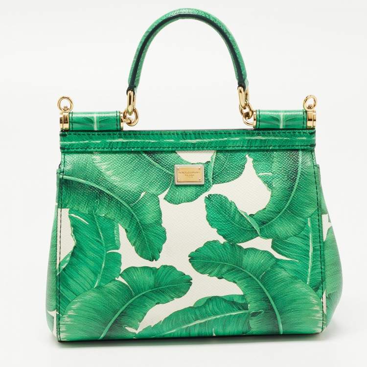 Pre Owned Dolce & Gabbana Green Banana Leaf Print Leather Small Miss Sicily Top Handle Bag