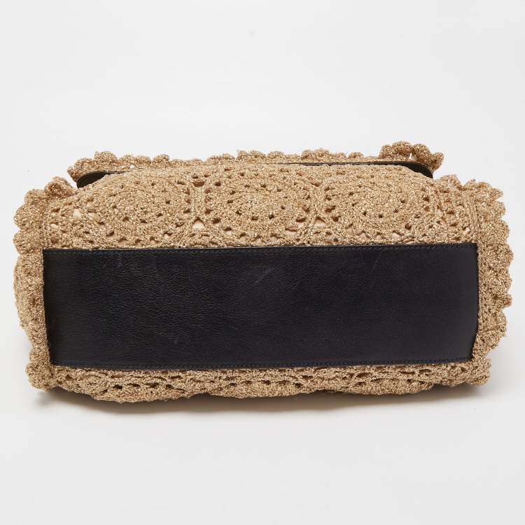 Pre Owned Dolce & Gabbana Gold Crochet Lurex Fabric Large Miss Sicily Top Handle Bag