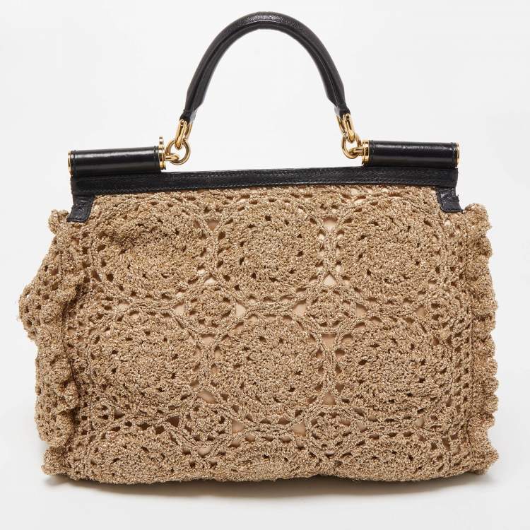 Pre Owned Dolce & Gabbana Gold Crochet Lurex Fabric Large Miss Sicily Top Handle Bag