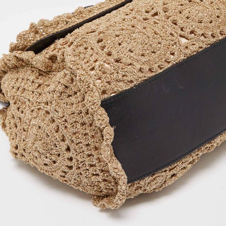 Pre Owned Dolce & Gabbana Gold Crochet Lurex Fabric Large Miss Sicily Top Handle Bag