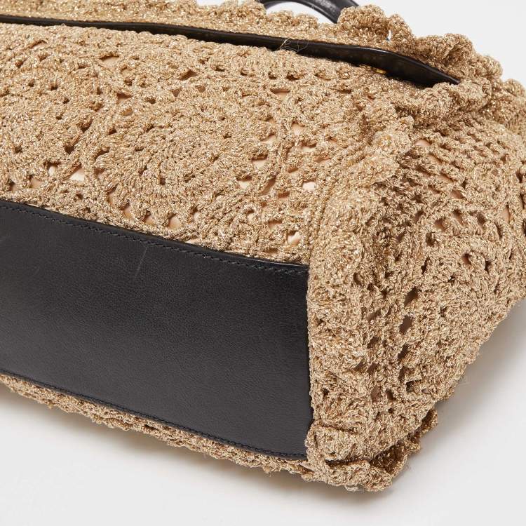 Pre Owned Dolce & Gabbana Gold Crochet Lurex Fabric Large Miss Sicily Top Handle Bag