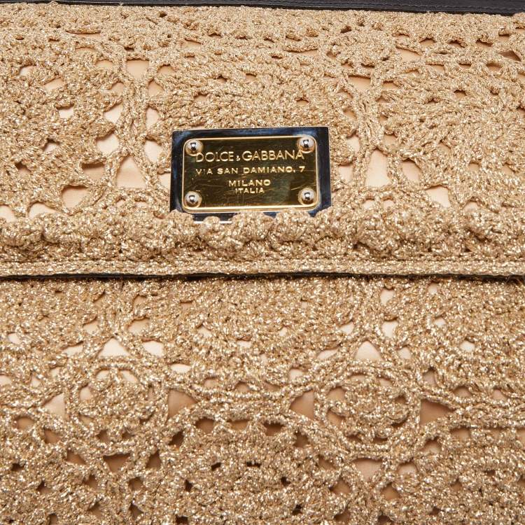 Pre Owned Dolce & Gabbana Gold Crochet Lurex Fabric Large Miss Sicily Top Handle Bag
