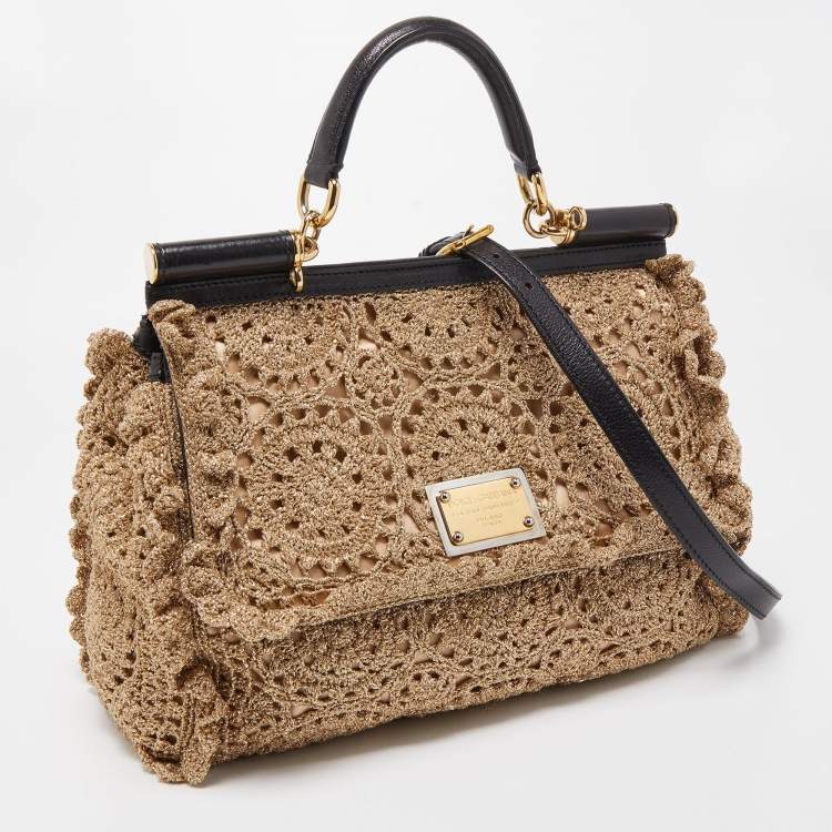 Pre Owned Dolce & Gabbana Gold Crochet Lurex Fabric Large Miss Sicily Top Handle Bag