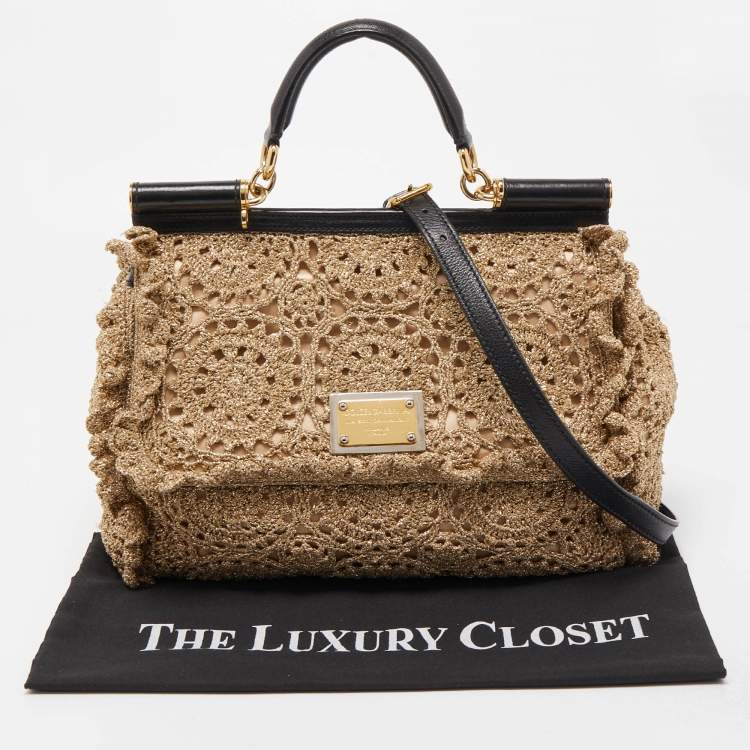 Pre Owned Dolce & Gabbana Gold Crochet Lurex Fabric Large Miss Sicily Top Handle Bag