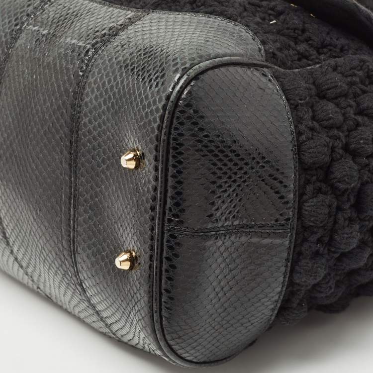 Pre Owned Dolce & Gabbana Black Crochet Fabric and Watersnake Large Miss Sicily Top Handle Bag