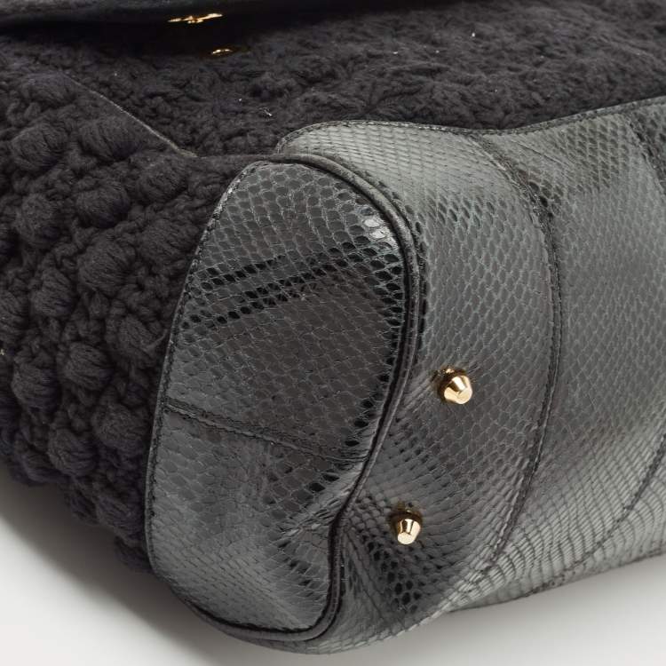 Pre Owned Dolce & Gabbana Black Crochet Fabric and Watersnake Large Miss Sicily Top Handle Bag