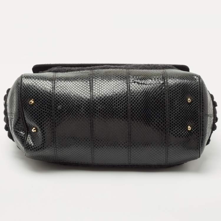 Pre Owned Dolce & Gabbana Black Crochet Fabric and Watersnake Large Miss Sicily Top Handle Bag