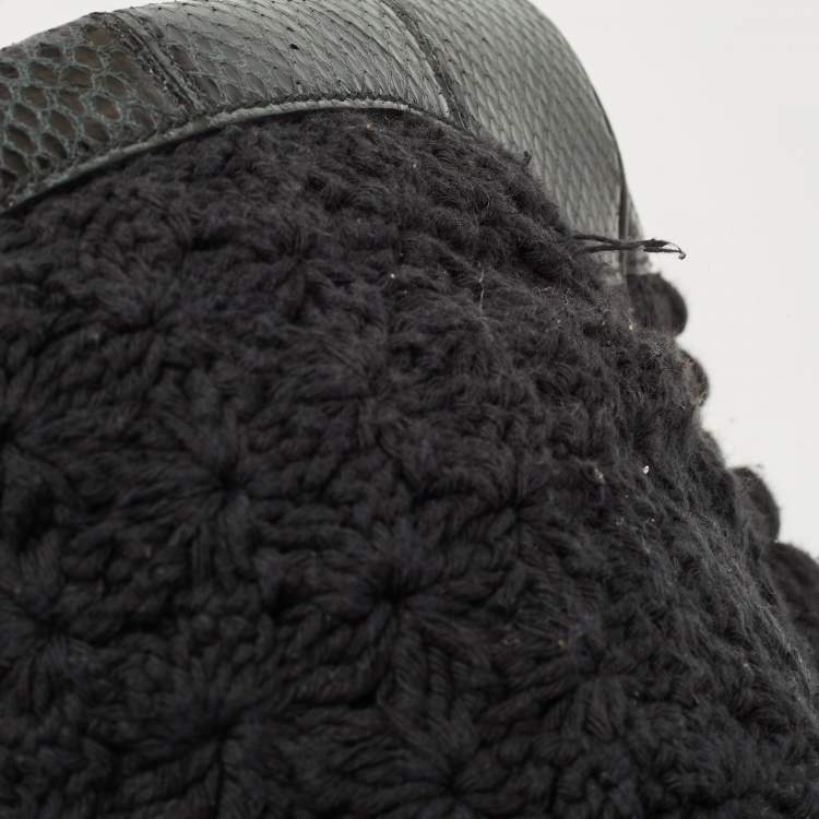 Pre Owned Dolce & Gabbana Black Crochet Fabric and Watersnake Large Miss Sicily Top Handle Bag