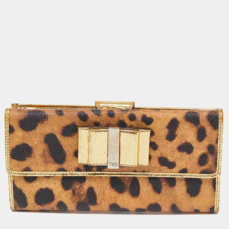 Pre Owned Dolce & Gabbana Gold/Brown Leopard Print Coated Canvas and Laminated Leather Bow Flap Wallet